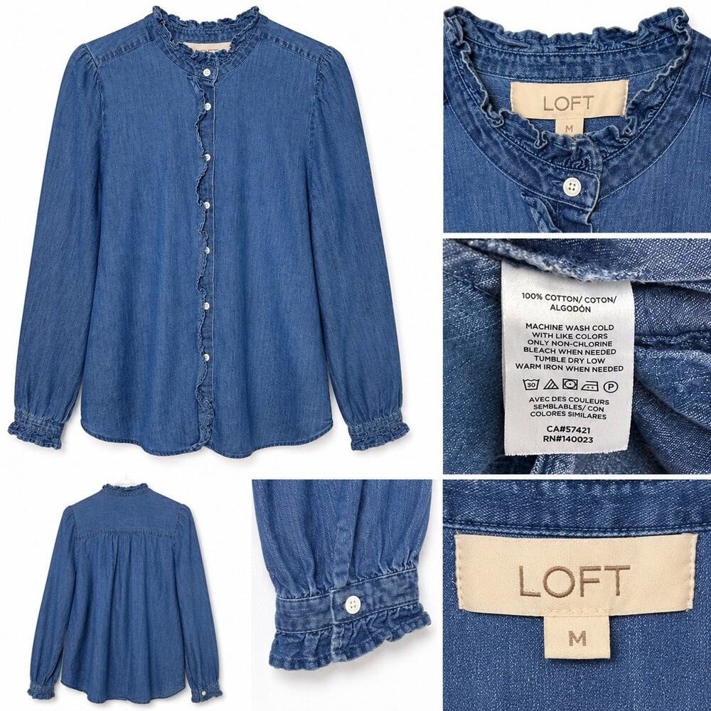 LOFT Ruffle Neck Chambray Shirt Women's Size M Cottagecore Coastal Casual